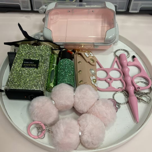 9pcs Plush Ball Green-pink Keychain Set