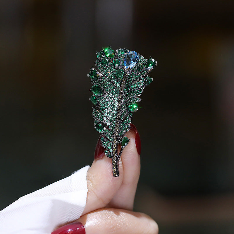 Antique Green Crystal Feather Brooch