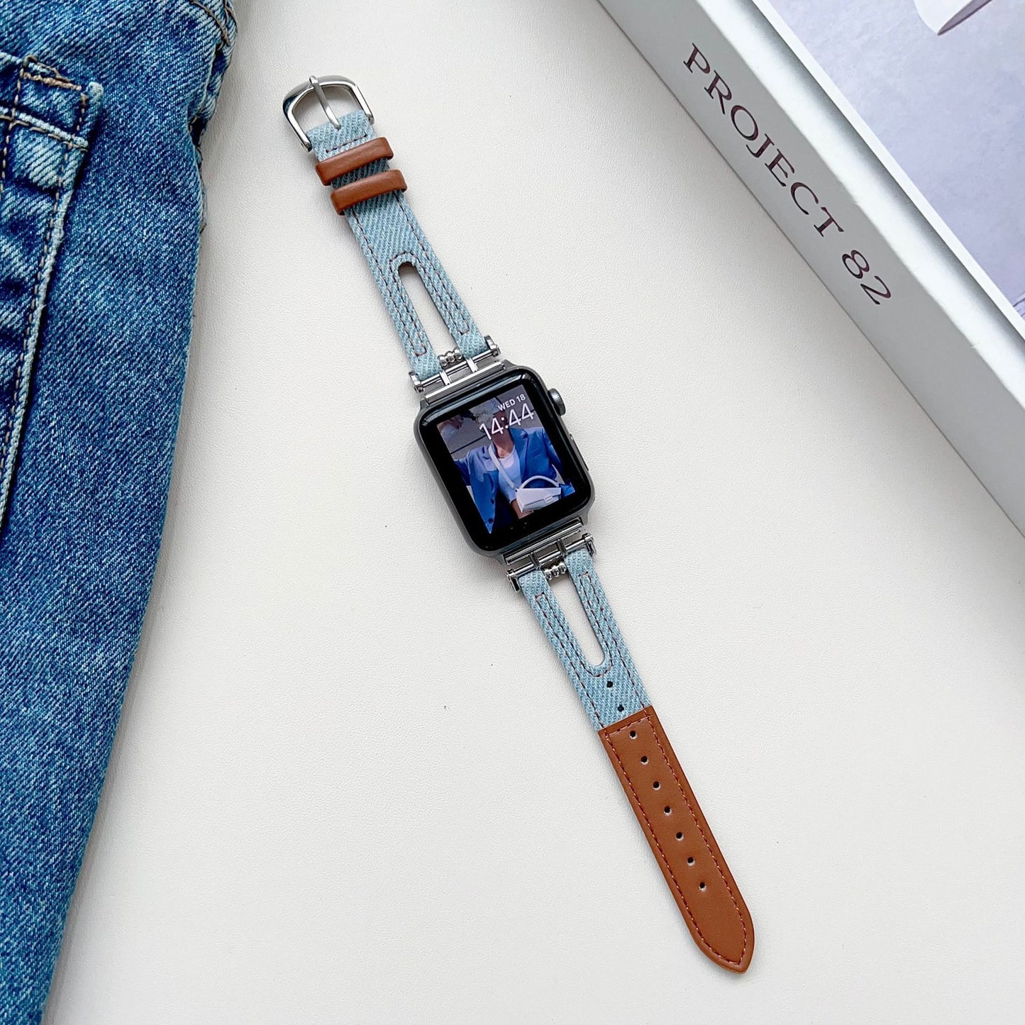 Smart Watch Metal Buckle Stitching Denim Leather Watch