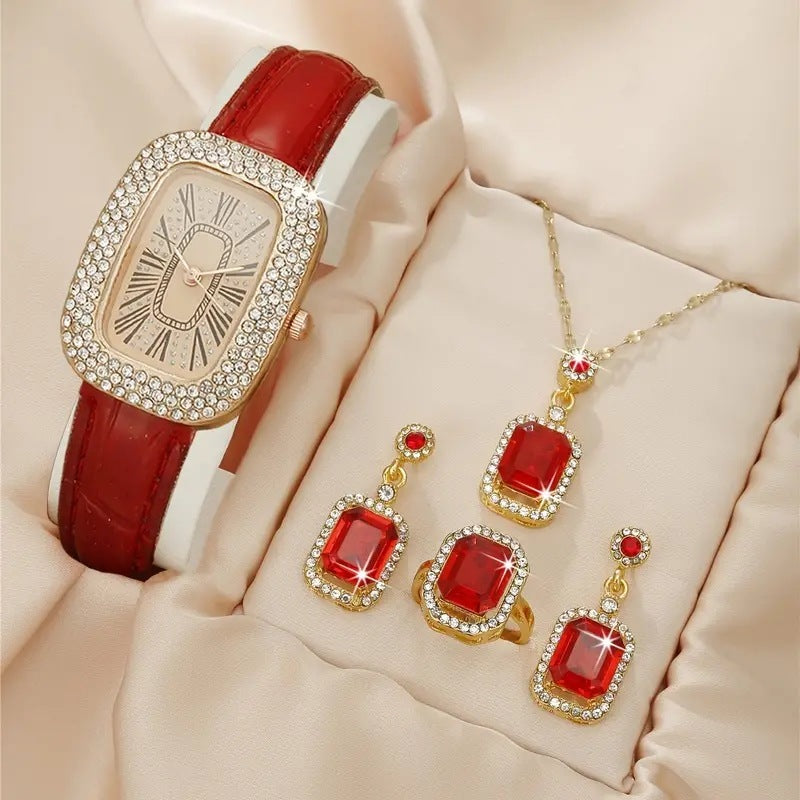 Dazzling Diamond-Accented Quartz Watch & Jewelry Set