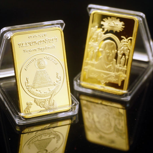Square gold-plated blocks of foreign currency