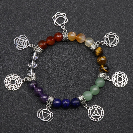 Colorful Agate Crystal Seven Chakra Yoga Symbol Jewelry Bracelet