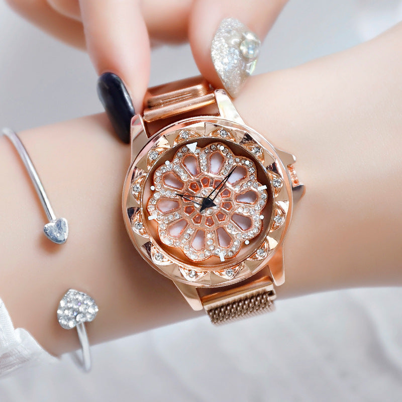 Ladies net celebrity vibrato with the same fashion rotating turntable magnet stone watch