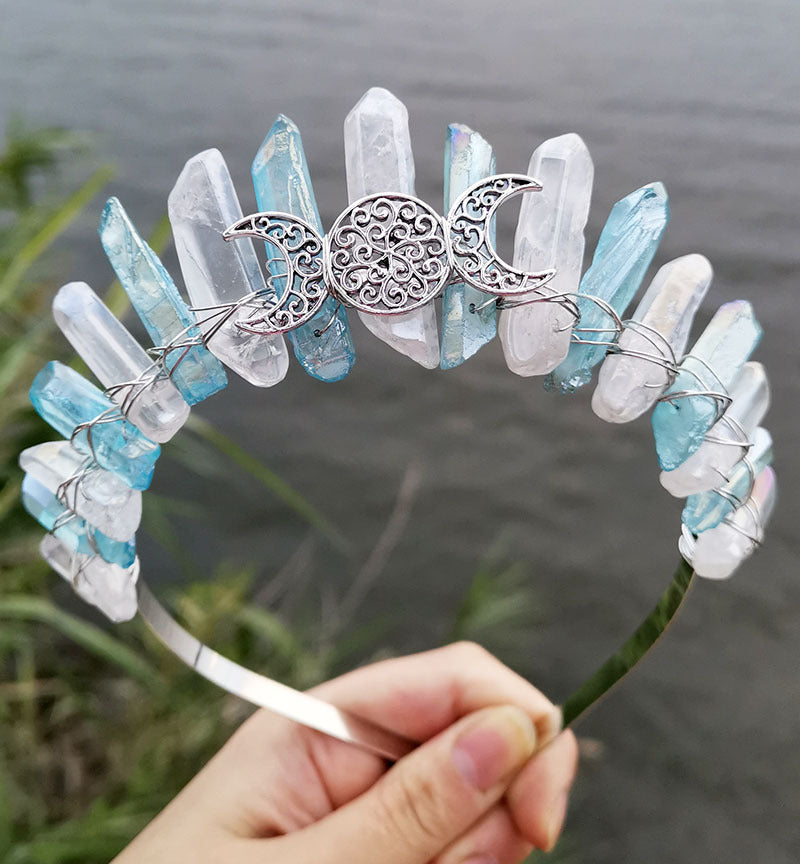 Dress Up Hollow 3 Moon Accessories Electroplating Natural Crystal Crown Headband