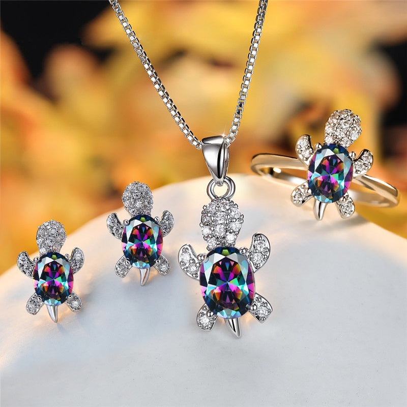 Elegant Oval Zircon Turtle Necklace with Rainbow Stone