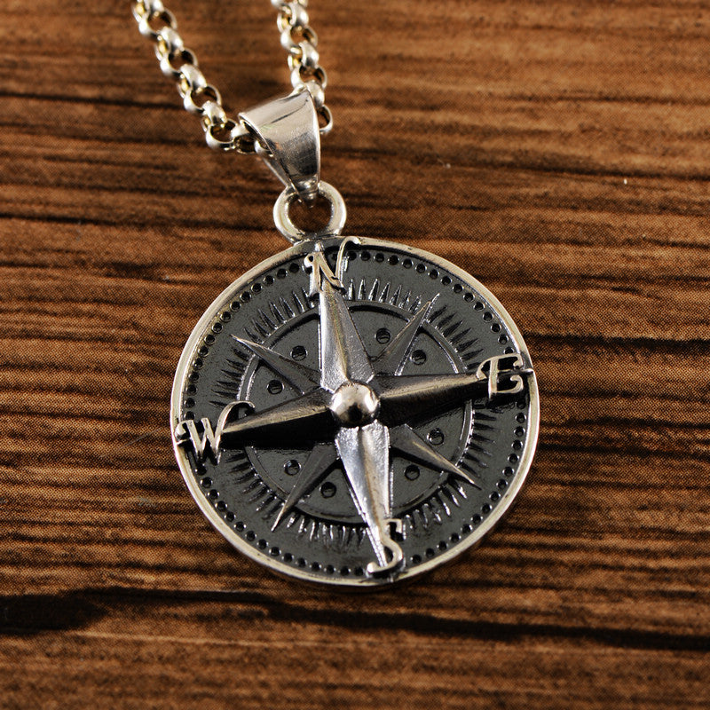 Silver Vintage Distressed Round Compass Pendant Exquisite