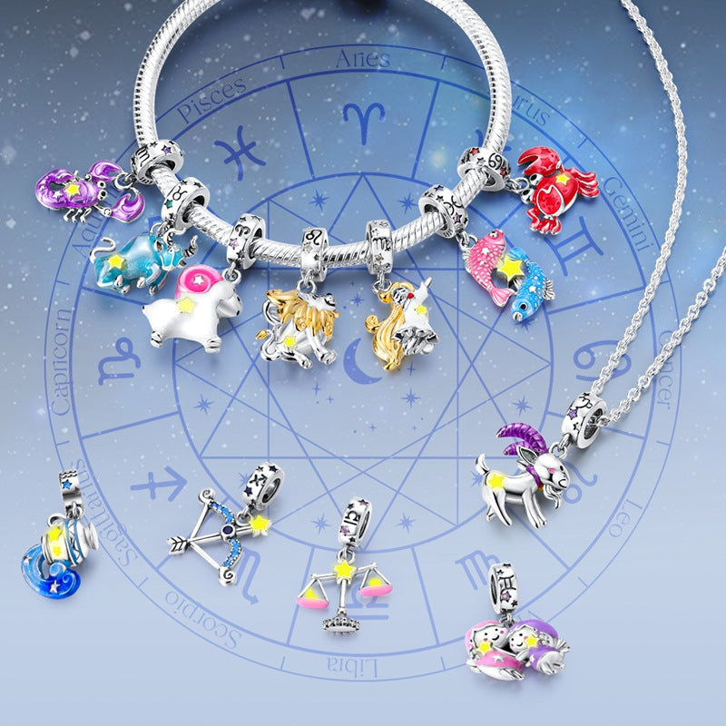 S925 Silver Colorful Luminous Twelve Constellation Pendant