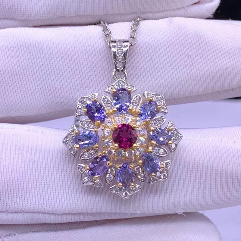 Natural Tanzanite Pendant 925 Silver Inlaid Diamond Necklace