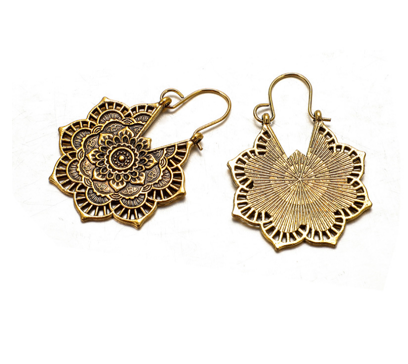 Vintage ethnic style metal openwork floral flower earrings