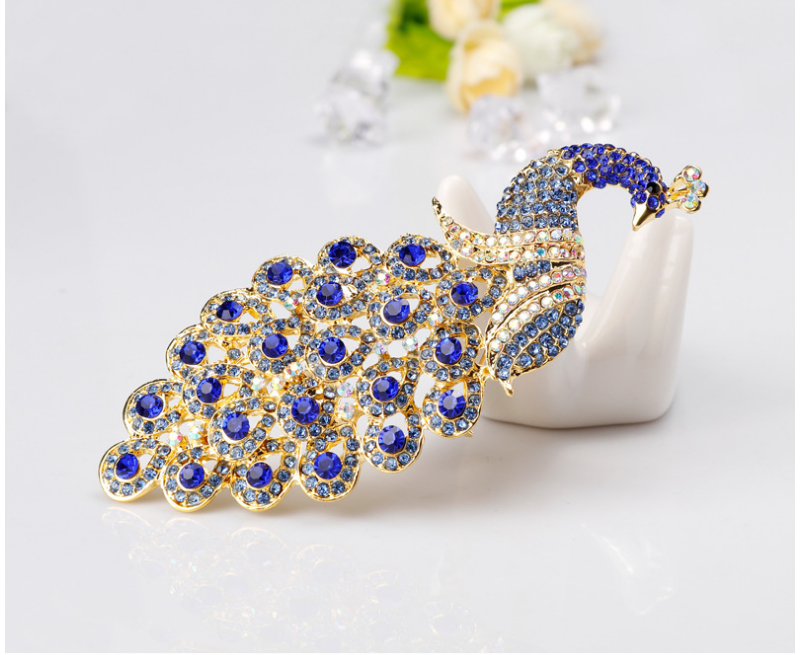 Extra Large Sapphire Crystal Rhinestone Peacock Brooch