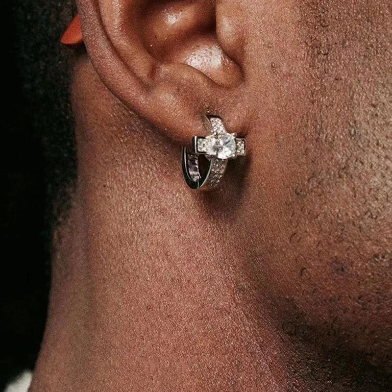 Cross Earrings Men's Diamond-encrusted Zircon Hip Hop