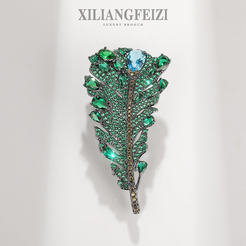 Antique Green Crystal Feather Brooch