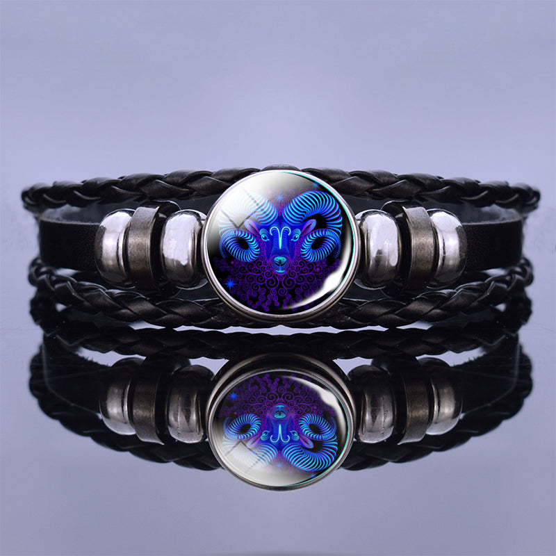 Luminous Twelve Constellation Couple Bracelet  Black Leather Bracelet