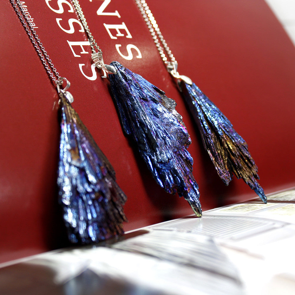 Tourmaline Electroplated Blue Peacock Feather Pendant