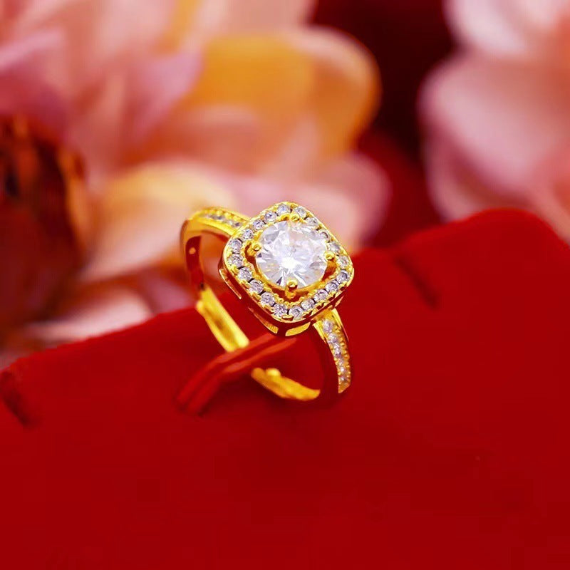 Gold Color Zircon Gem Jewelry Set - Necklace, Stud Earrings & Statement Ring