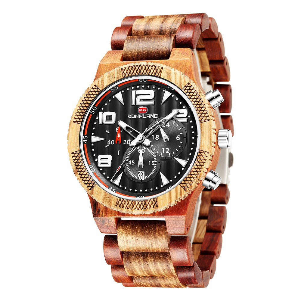 Kunhuang New Men's Watch Big Dial Movement Multi Function Sandalwood Quartz Watch With Luminous