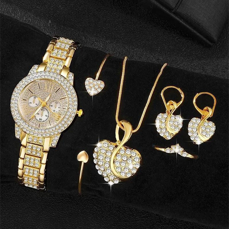 Gold Boho Ring Set & Full Diamond Watch Suit