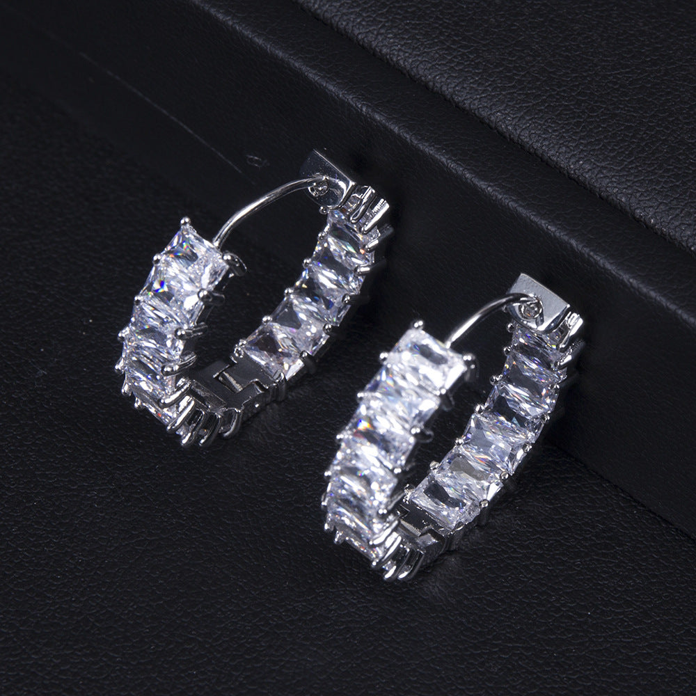 Simple All-match Rectangular Zircon Style Full Zirconium Round Ring Earrings