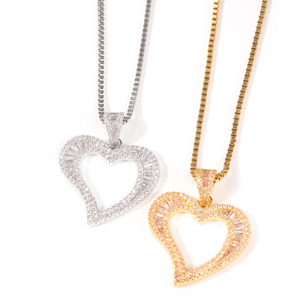 Square Zirconium Small Heart Pendant Simple Hip Hop Necklace