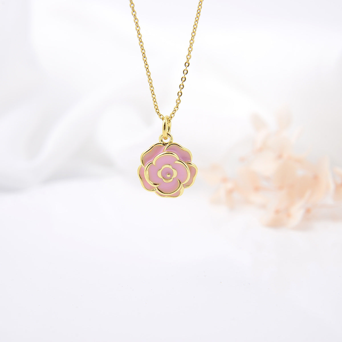 Women's Fashion Copper-plated Gold-color Rose Drop Oil Pendant Necklace