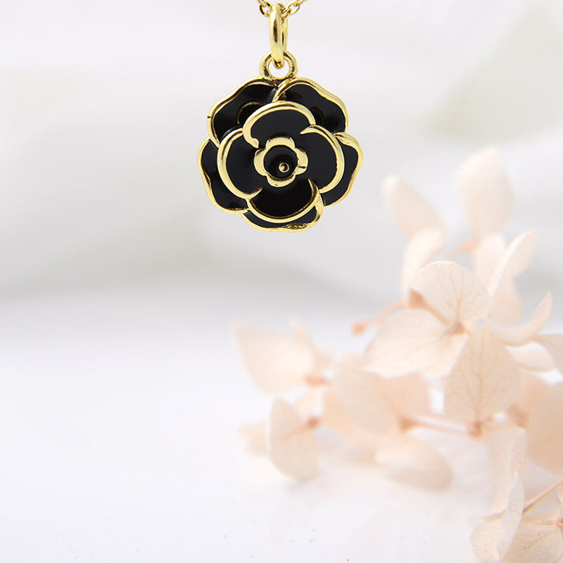 Women's Fashion Copper-plated Gold-color Rose Drop Oil Pendant Necklace