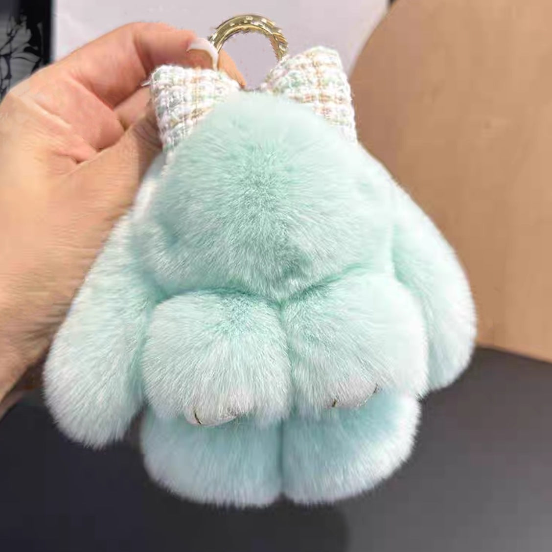 Rabbit Fur Bow Bunny Car Key Ring