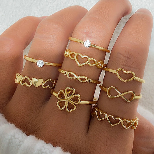 Gold Color Heart Rings 9pcs Sets For Women Vintage Hollow Irregular Geometric Butterfly Finger Rings Fashion Jewelry Accessories Gif