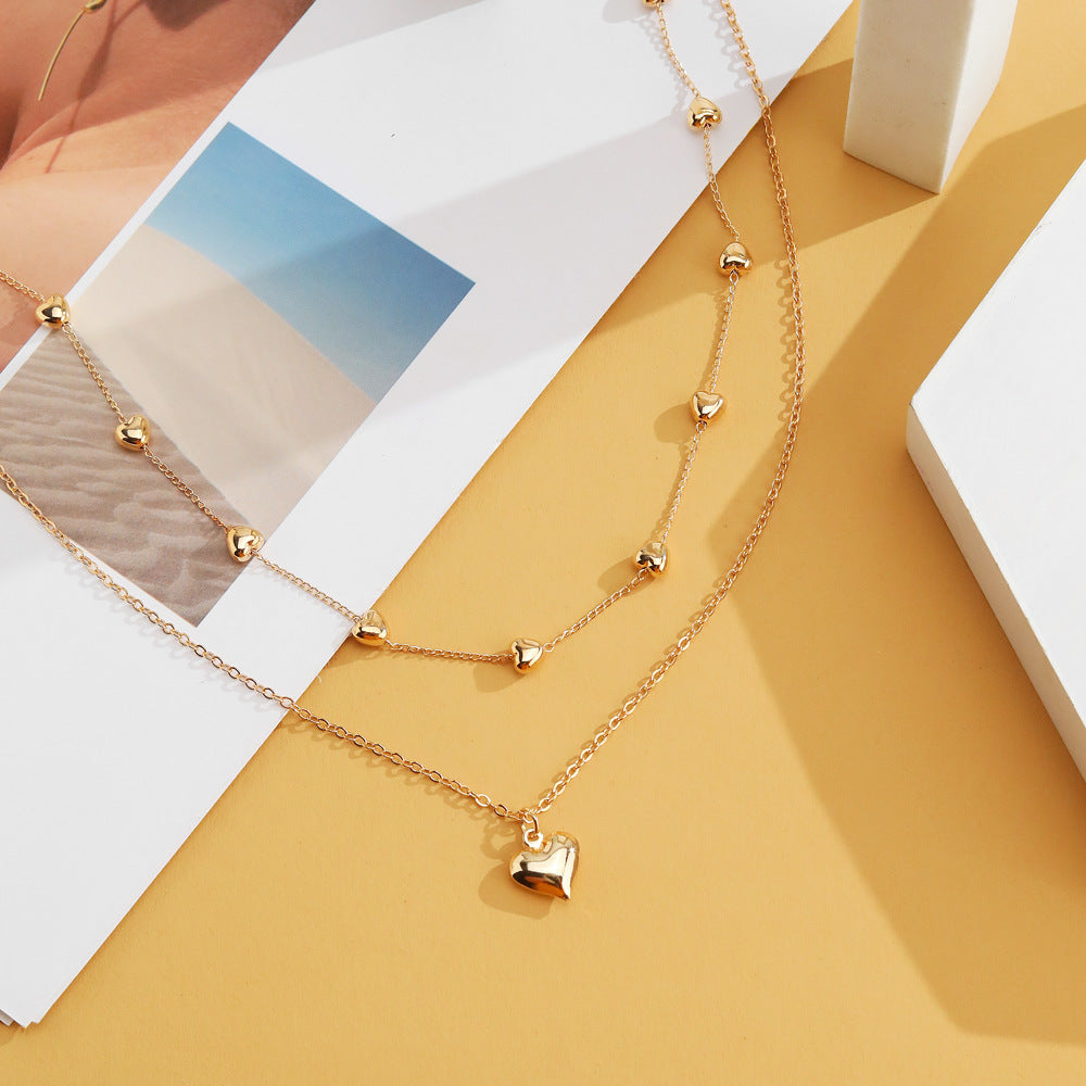 Double-Layer Heart Pendant Necklace - Gold Color Metal Fashion Jewelry