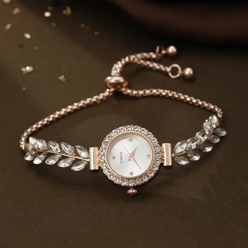 Fashion Green Leaf Fine Band Diamond Round Women's Watch