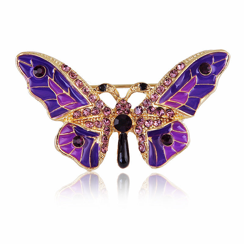 Women's Stylish Simple And Versatile Alloy Dripping Colorful Crystals Butterfly Brooch