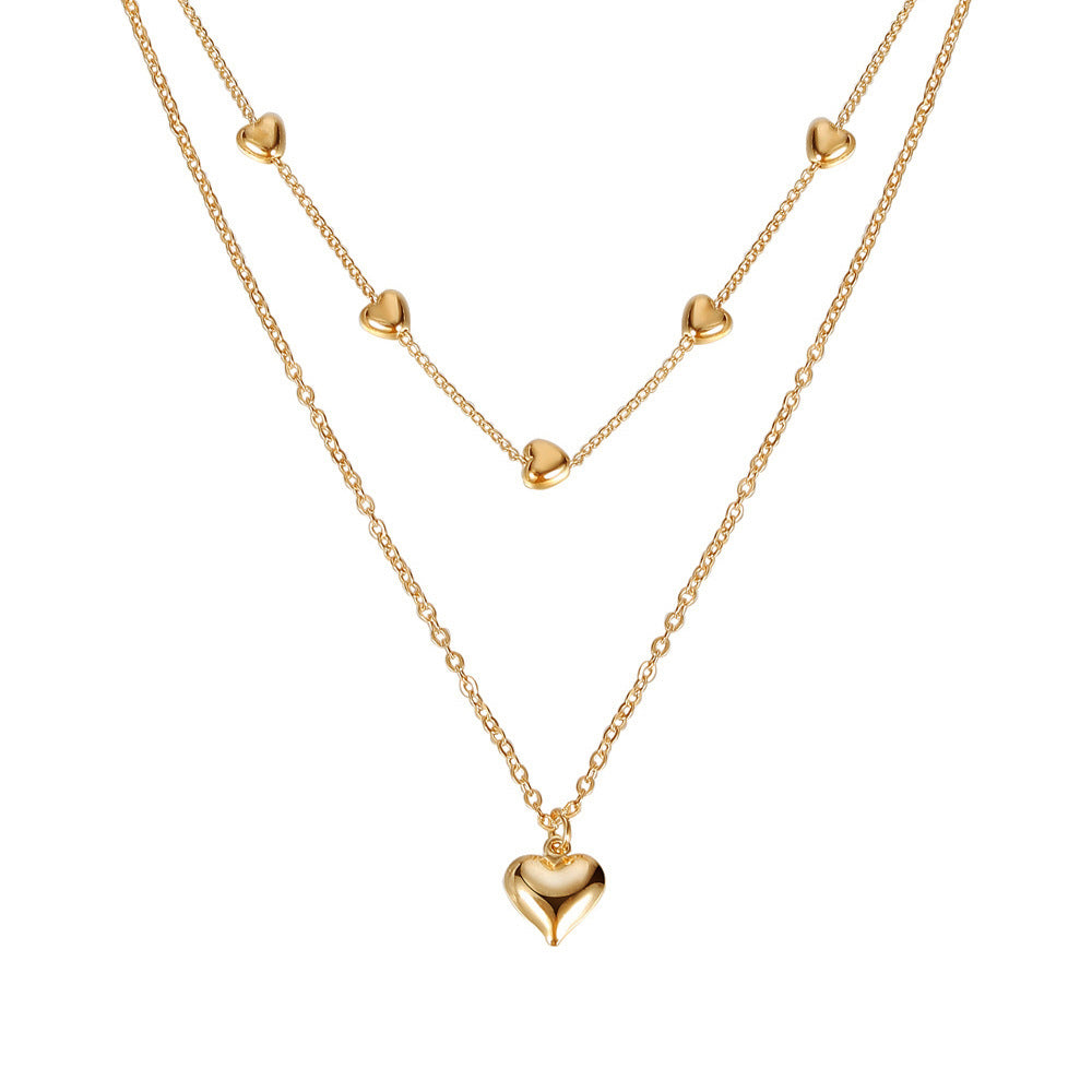 Double-Layer Heart Pendant Necklace - Gold Color Metal Fashion Jewelry