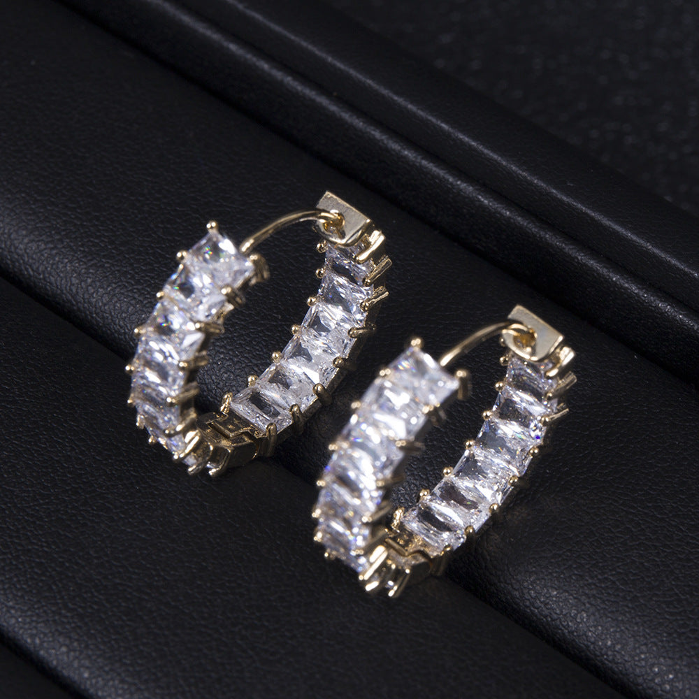 Simple All-match Rectangular Zircon Style Full Zirconium Round Ring Earrings