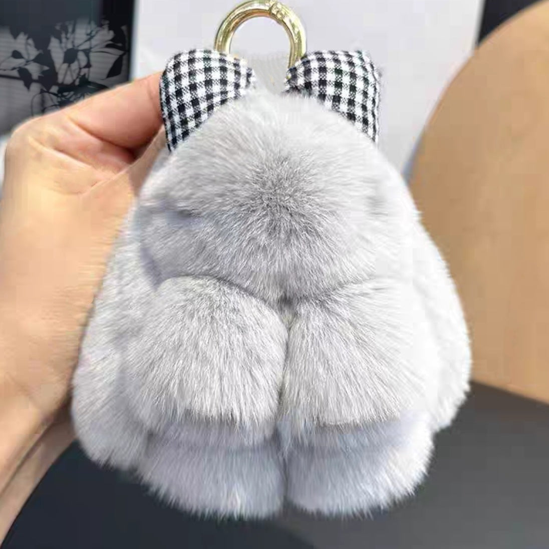 Rabbit Fur Bow Bunny Car Key Ring