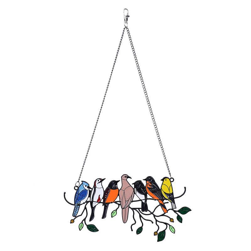 Metal Stained Bird Panel Glass Window Hanging Wall Decor Parrot Birds Art Pendant Wind Chimes Bird Ornaments Home Ornaments