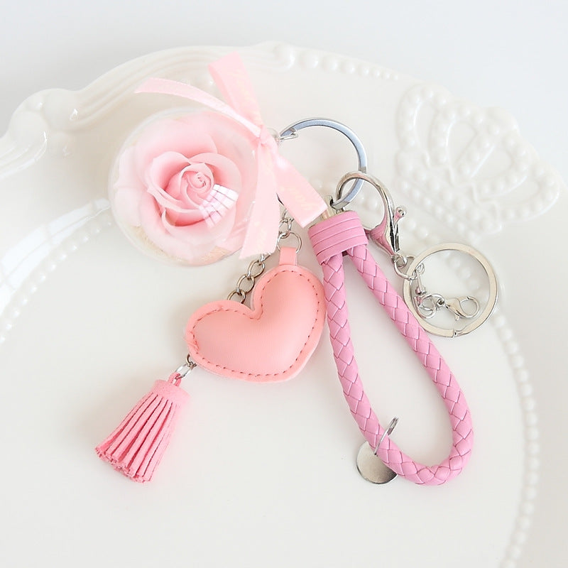 Woven Leather String Love Tassel Flower Keychain