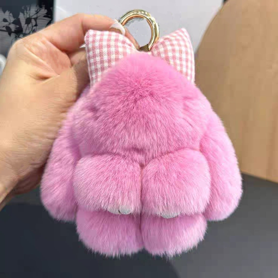 Rabbit Fur Bow Bunny Car Key Ring