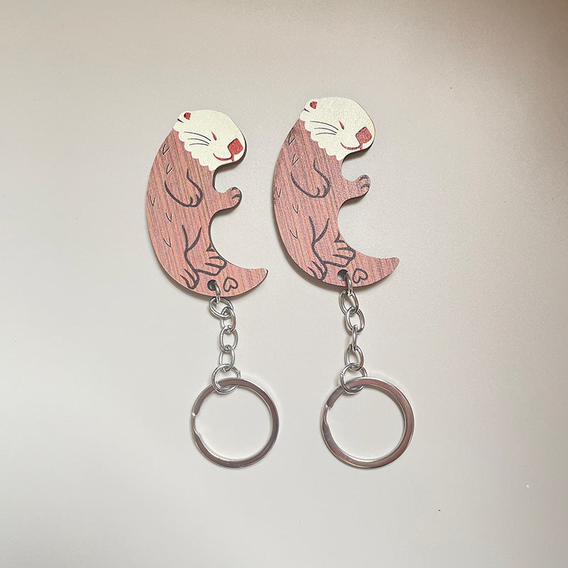 Creative Simulation Wooden Couple Otter Keychain