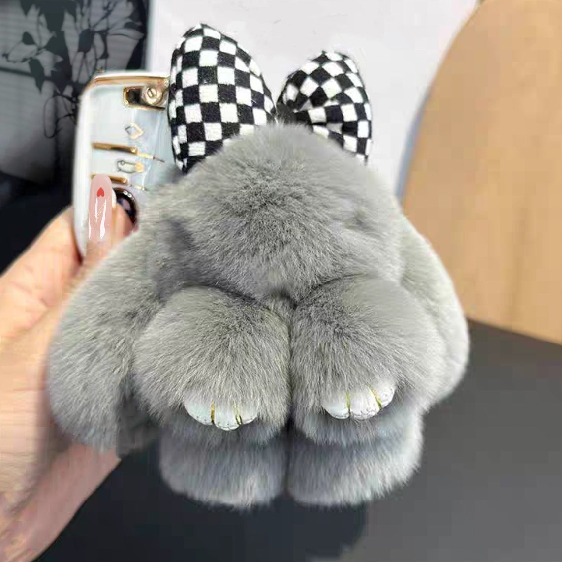 Rabbit Fur Bow Bunny Car Key Ring