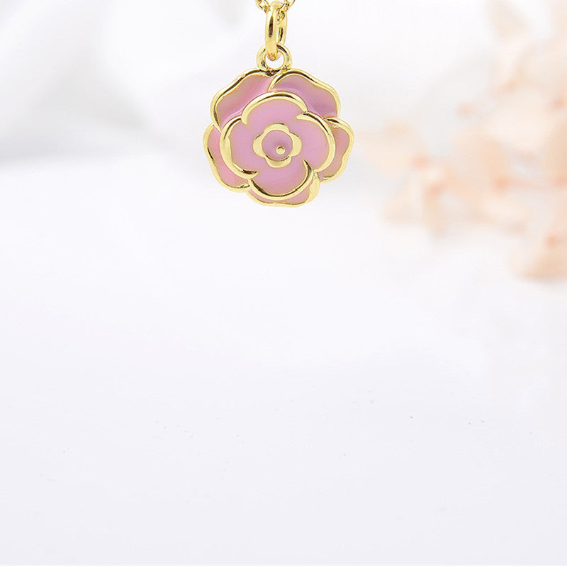 Women's Fashion Copper-plated Gold-color Rose Drop Oil Pendant Necklace