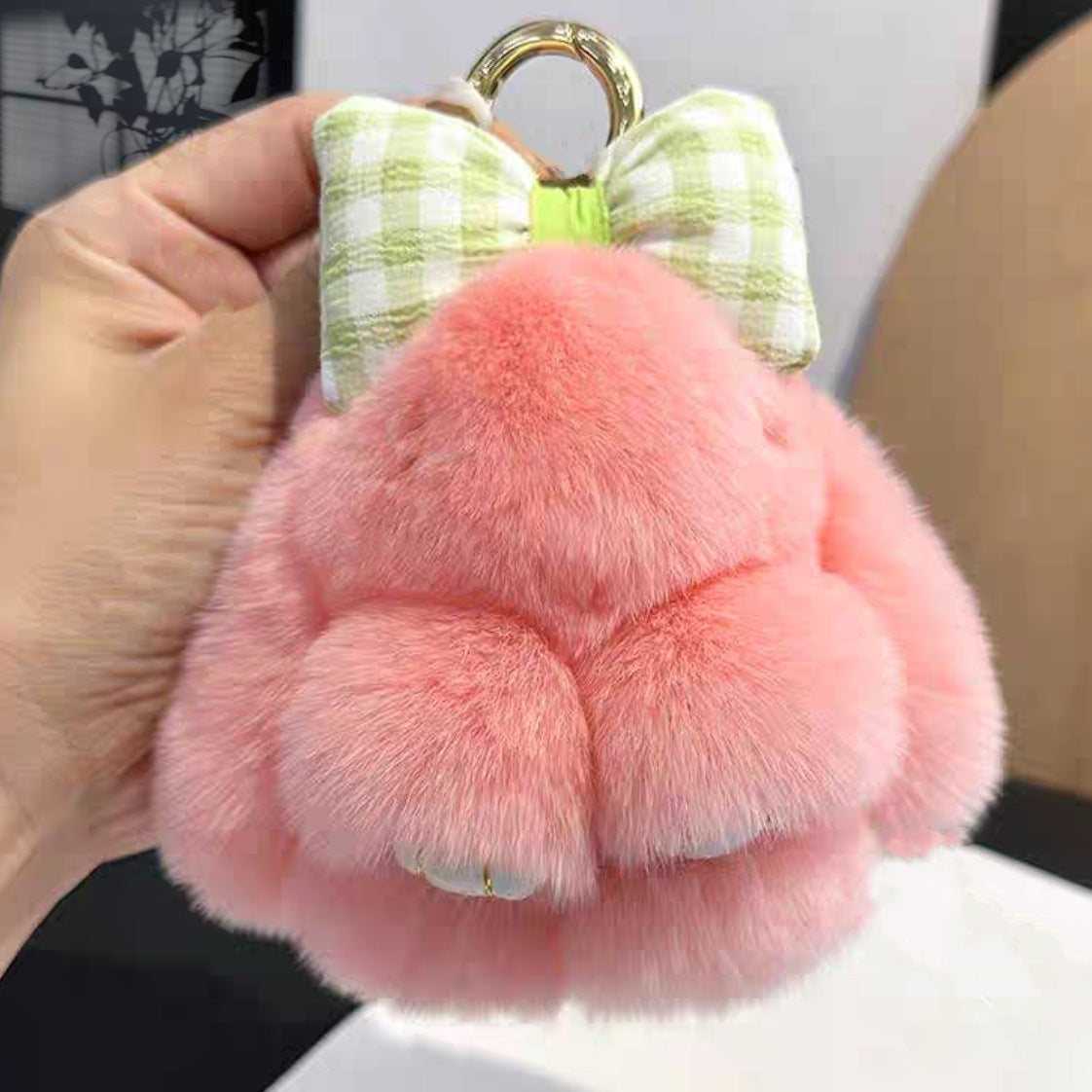 Rabbit Fur Bow Bunny Car Key Ring