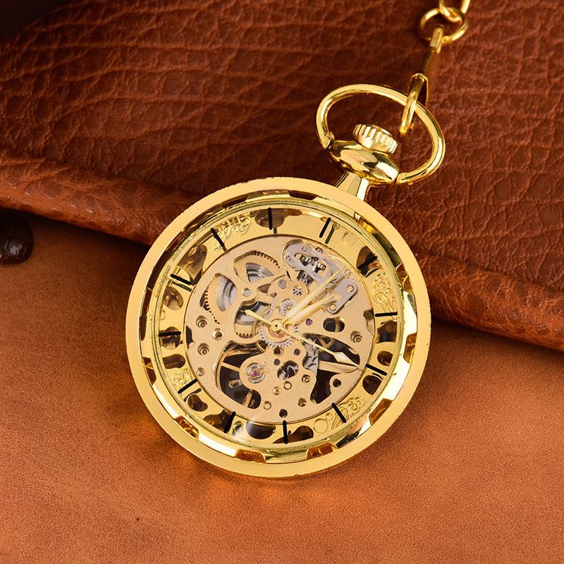 Large Wheel Gold Surface Digital Surface Mechanical Hollowing Flower Needle Pocket Watch