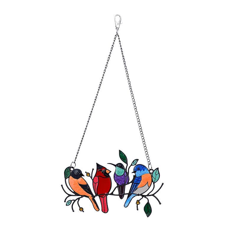 Metal Stained Bird Panel Glass Window Hanging Wall Decor Parrot Birds Art Pendant Wind Chimes Bird Ornaments Home Ornaments