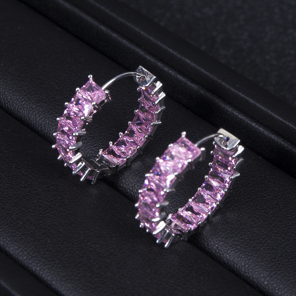 Simple All-match Rectangular Zircon Style Full Zirconium Round Ring Earrings