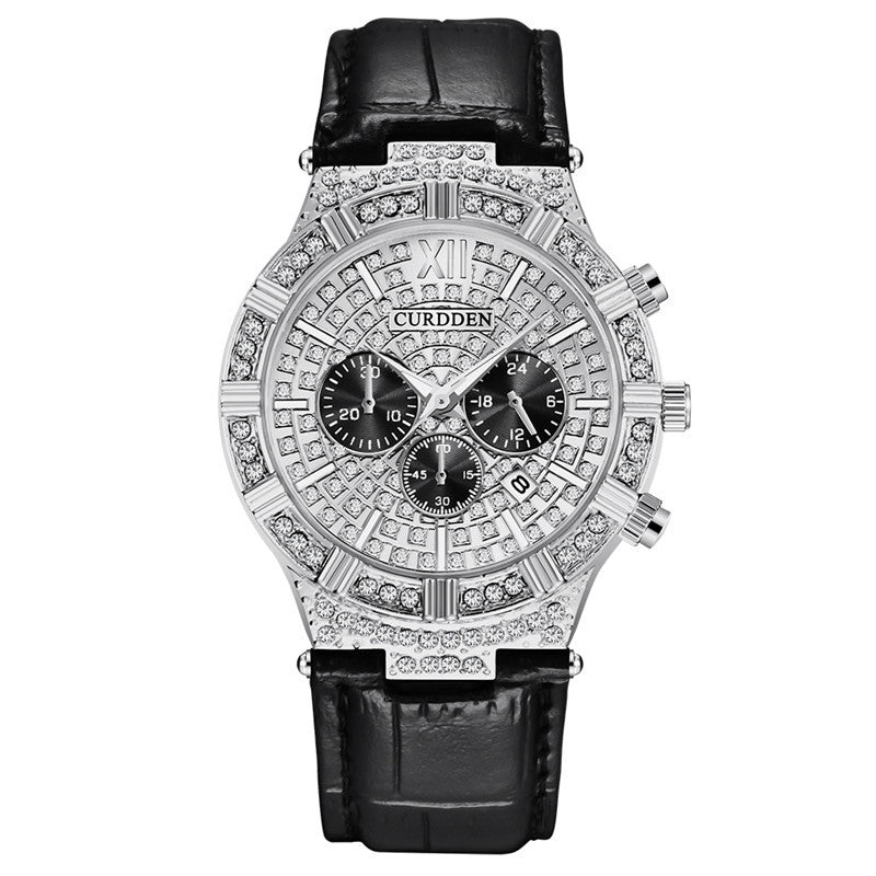 Diamond-embedded Fake Three-Eye Men's Fashion Belt Quartz Watch