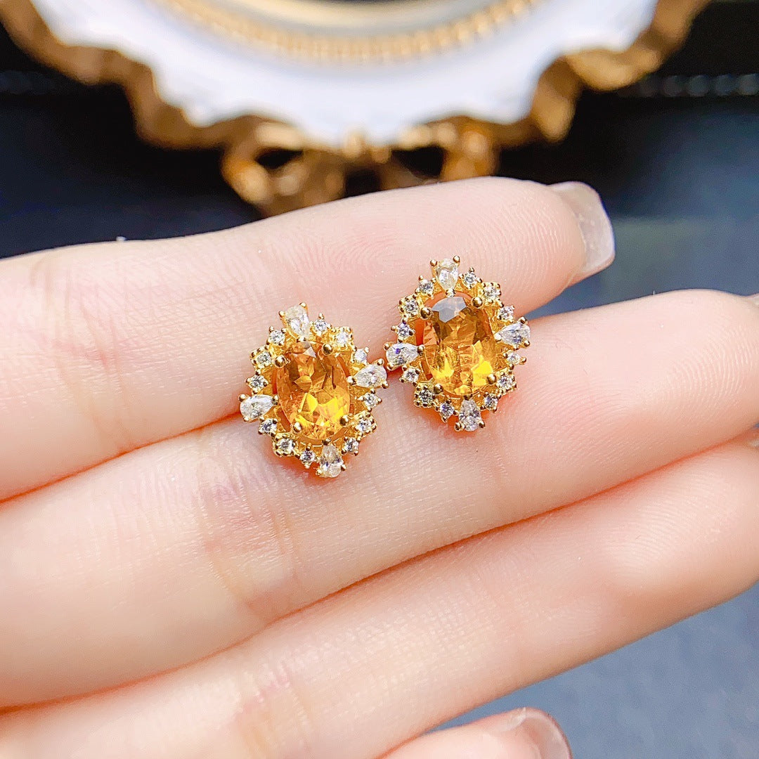 Natural Citrine Stud Earrings S925 Silver Inlaid Main Stone 57