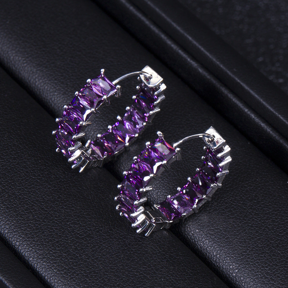 Simple All-match Rectangular Zircon Style Full Zirconium Round Ring Earrings