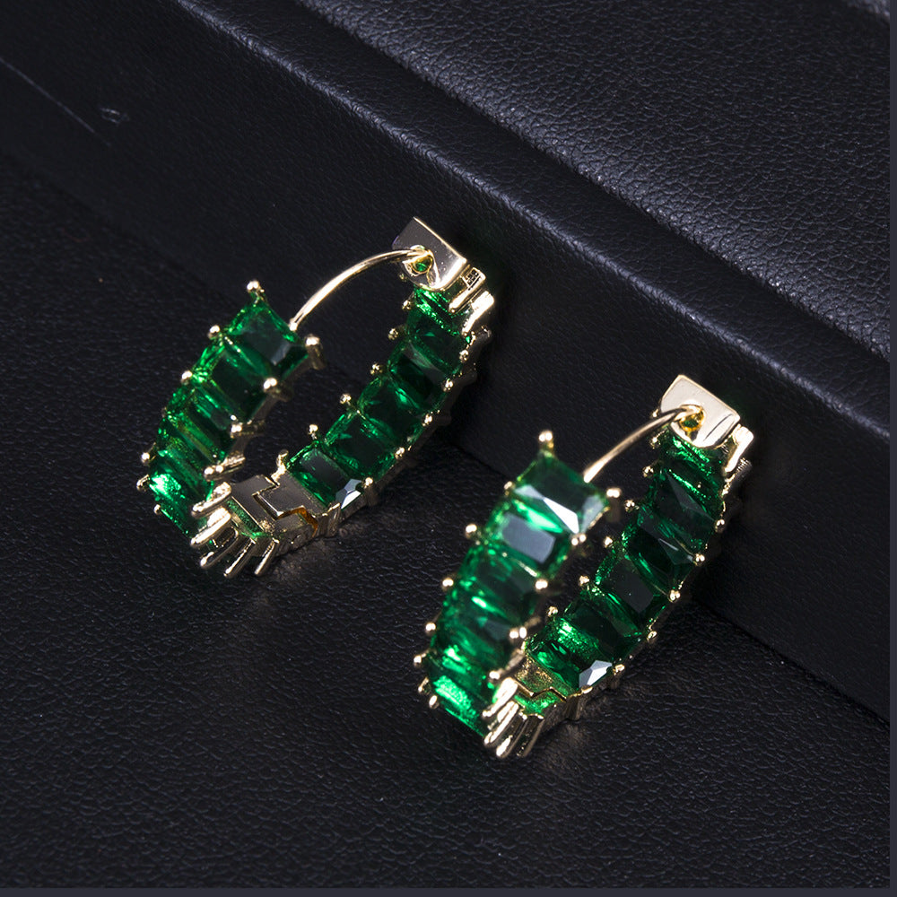 Simple All-match Rectangular Zircon Style Full Zirconium Round Ring Earrings