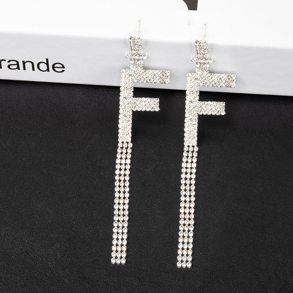 Fashion Jewelry 925 Silver Needle Ornaments Rhinestone Letter B Earrings Banquet Tassel Ear Ornaments Female