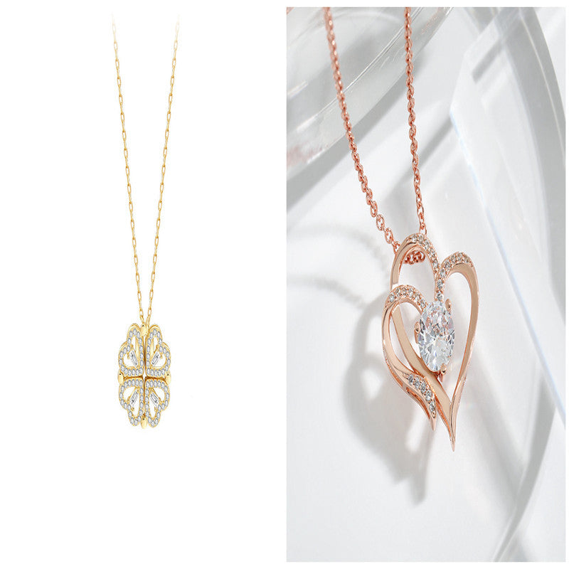 Magnetic Folding Heart-Shaped Four-Leaf Clover Pendant Necklace