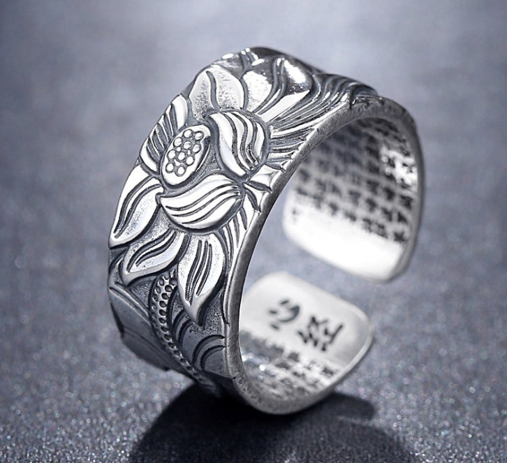 Thai Silver Black Lotus Heart Sutra  Ring